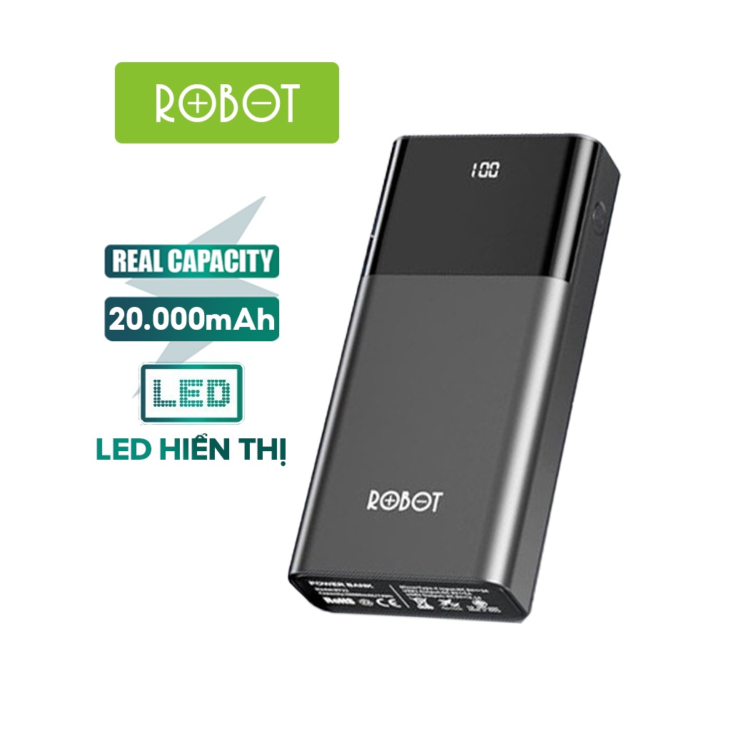 Pin Sạc Dự Phòng 20.000mAh ROBOT RT22 2 cổng Input Micro/Type C & 2 cổng Output USB hiển thị đèn LED - Hàng Chính Hãng