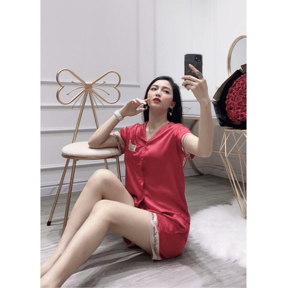 Freeship Bộ ngủ lụa satin Pijama phối chữ VNXK