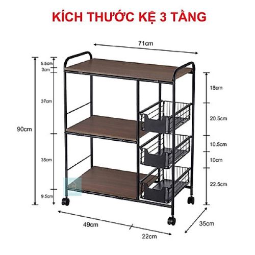 Kệ bếp đa năng kệ để lò vi sóng lò nướng khung thép carbon cao cấp có khay để gia vị rau củ quả và có bánh xe di động