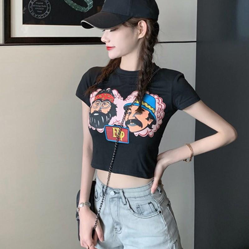Áo Croptop Tay Ngắn Cổ Tròn In Họa Tiết Thời Trang Phong Cách Hàn Quốc