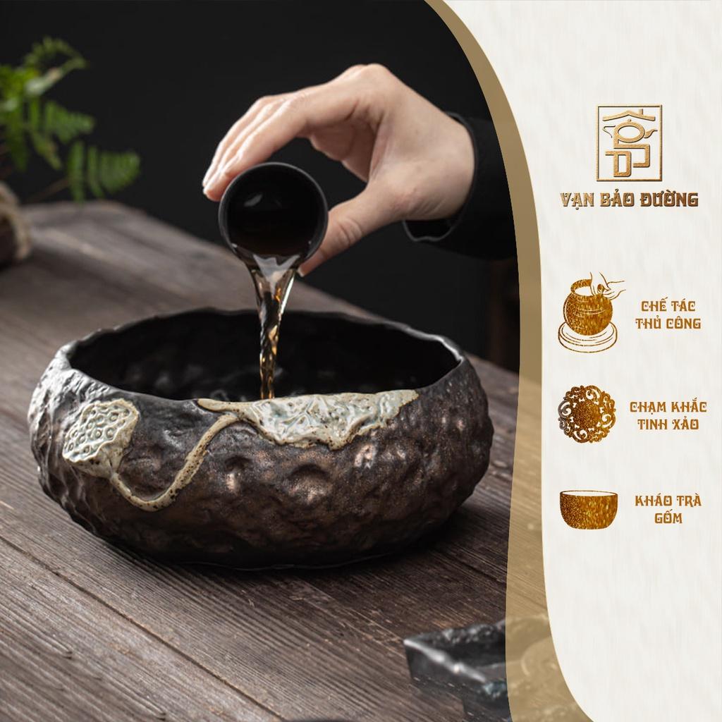 Kháo trà, dầm trà gốm khoáng đá đắp nổi hoa sen trang nhã Vạn Bảo Đường - VBD028
