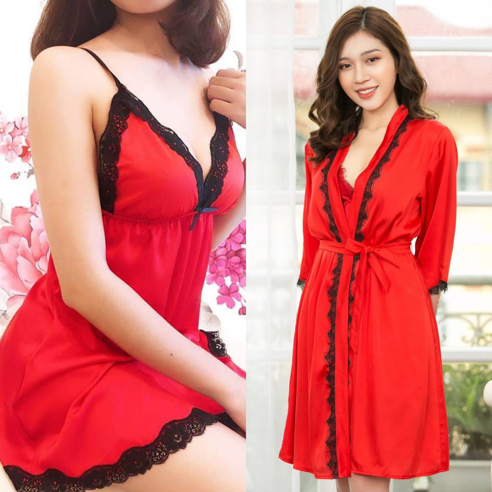 Combo áo choàng +váy ngủ lụa cao cấp tặng kèm chíp ren -Màu đỏ