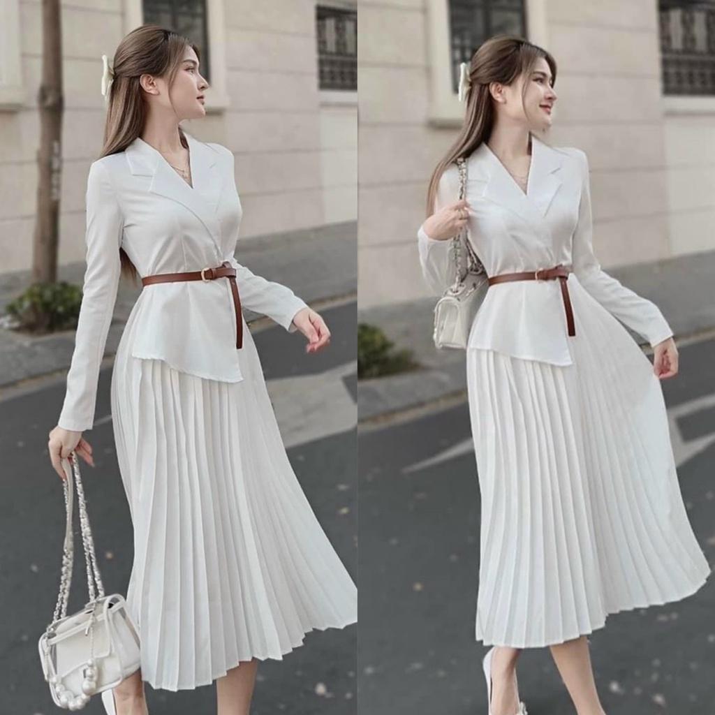 Sét đầm váy nữ áo kiểu sơ mi tay dài mix cùng chân váy dài xếp ly thanh lịch Kgia fashion