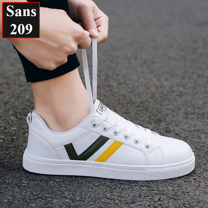 Giày thể thao nam sneaker Sans209 giầy sport trắng cổ thấp đế bệt sọc đen đỏ vàng bền đẹp thời trang hàn quốc trẻ trung