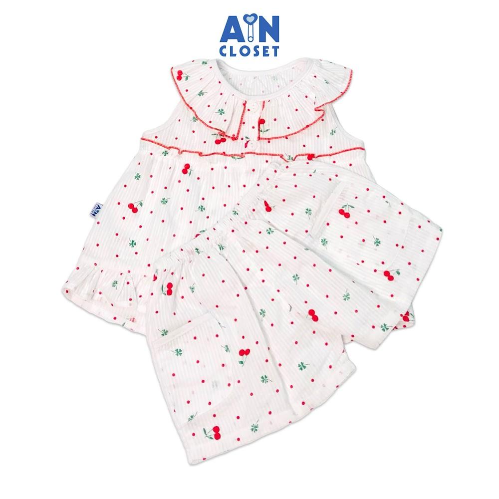 Bộ quần áo ngắn bé gái họa tiết Cherry lá xanh nền trắng cotton dệt - AICDBG6MG01B - AIN Closet