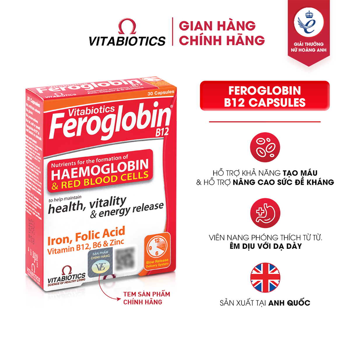 Combo 2 Hộp Viên Uống Bổ Máu Vitabiotics FEROGLOBIN B12 Cung Cấp Sắt Hỗ Trợ Tăng Khả Năng Tạo Máu Hộp 30 Viên