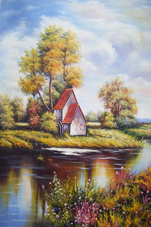 Tranh canvas phong cách sơn dầu - Phong cảnh Ven sông - PC022