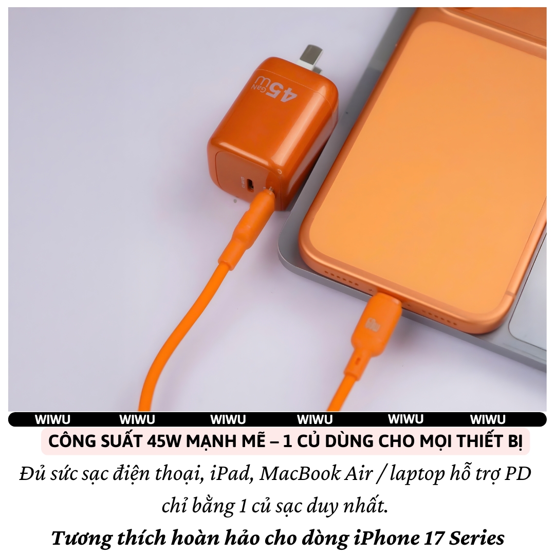 Bộ Adapter Cóc Củ Sạc Nhanh USB-C hiệu WiWU 45W USB-C công nghệ TurboCharge sạc ổn định, không nóng – Combo Củ & Dây sạc Type-C Chip Smart IC An toàn,điều chỉnh dòng điện, Vỏ chống cháy - hàng nhập khẩu