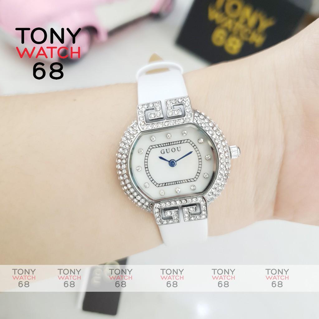 Đồng hồ nữ Guou chính hãng chống nước viền đá kim cô dây da kim xanh 6038