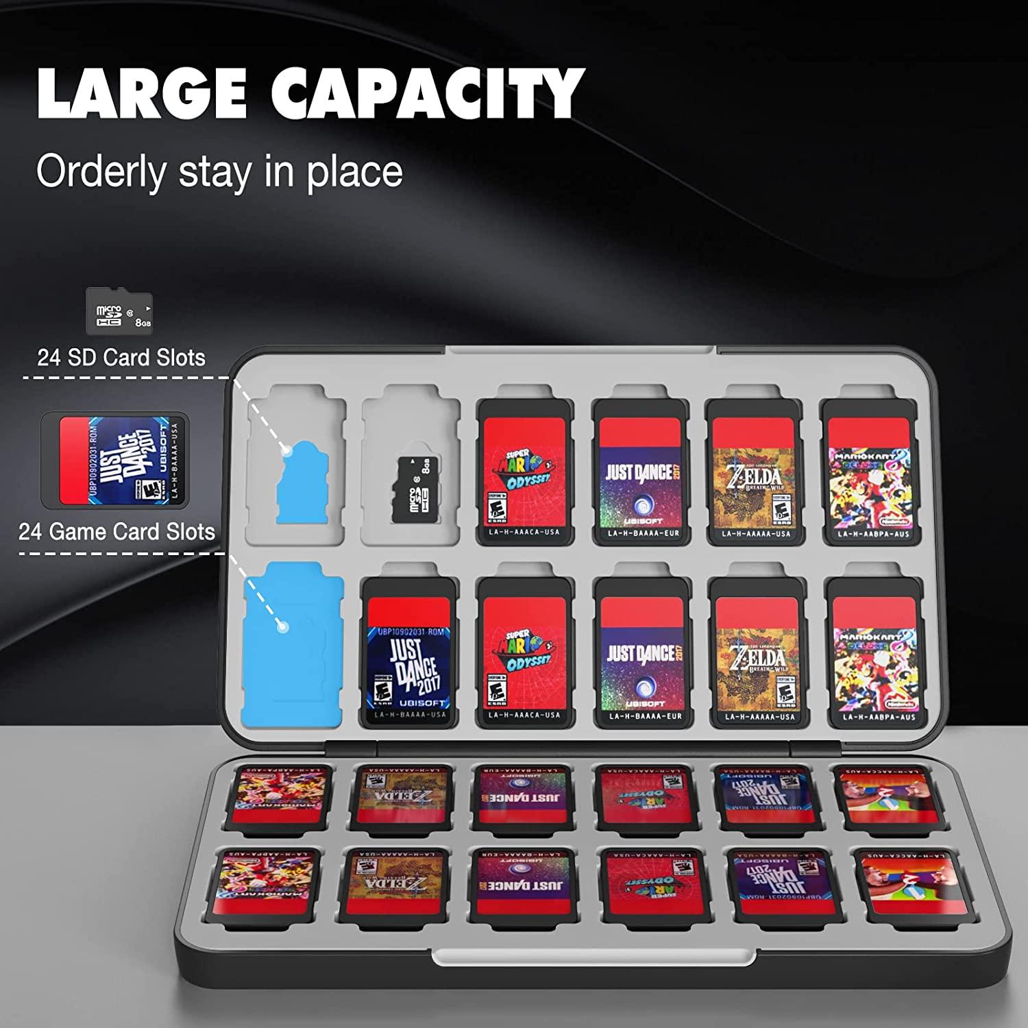 Hộp lưu trữ thẻ trò chơi tương thích với mô hình Nintendo Switch OLED/Switch/SwitchLite Hộp bảo vệ bộ nhớ 24 khe với sợi carbon đen