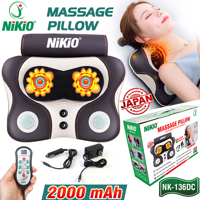 Máy (gối) massage xoa bóp cổ vai gáy pin sạc Nikio NK-136DC - Kết hợp đấm bóp lưng thế hệ mới