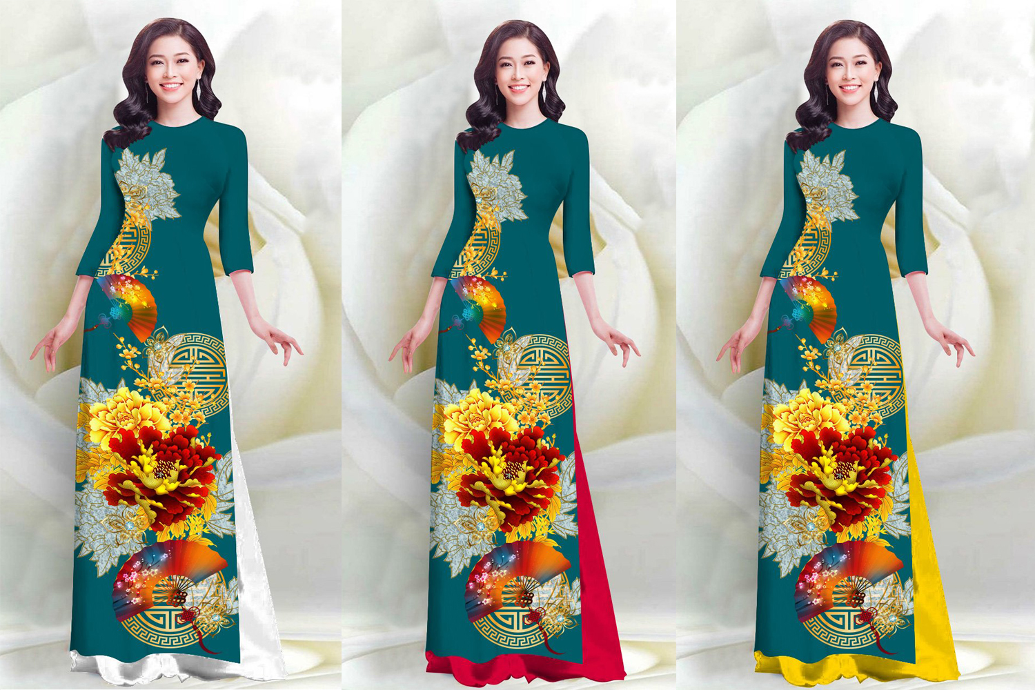 SÉT ÁO DÀI LỤA TRUYỀN THỐNG IN HOA & QUẠT MÀU XANH