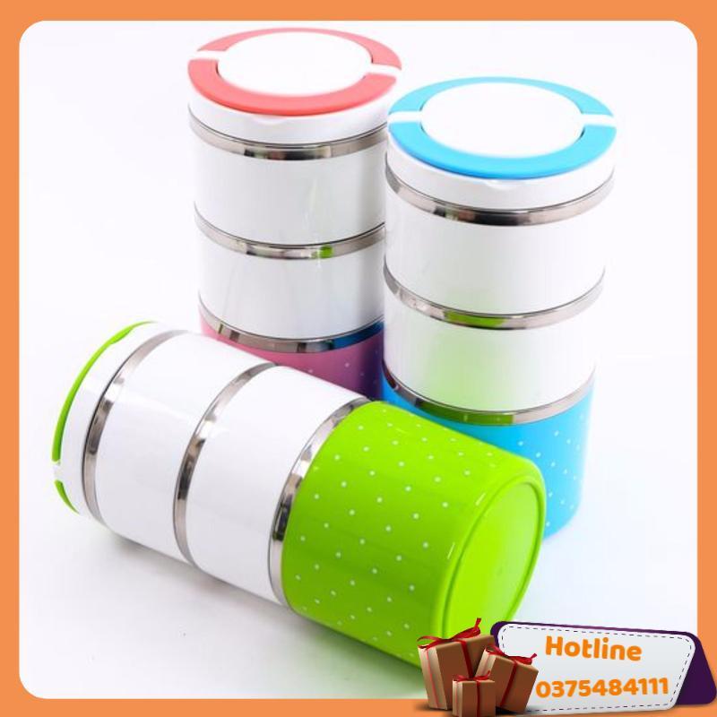 Cặp Lồng Cơm 3 Tầng Giữ Nhiệt Chấm Bi Ruột Inox - Giao Màu Ngẫu Nhiên - Hàng Loại 1