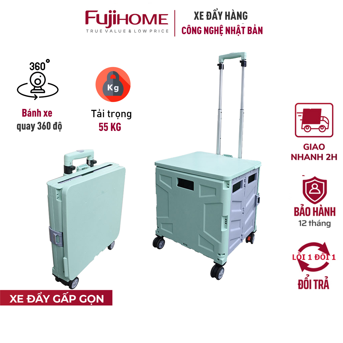 Xe kéo đi chợ siêu thị  65L xếp gọn nhập khẩu FUJIHOME ST250, bánh xe xoay 360 độ, xe đẩy hình hộp vali 65L xếp gọn đa năng- Hàng chính hãng