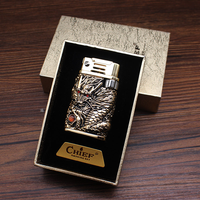 Vỏ Hột Quẹt Bật Lửa Xăng Đá Chief CF218R Đánh Đá Tự Động Hình Rồng Nổi Sang trọng - Dùng Xăng Bấc Đá Ippo Cao Cấp
