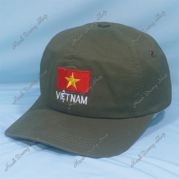 Nón kết thêu lá cờ Việt Nam hàng xịn 2 lớp có đóng sò, có khóa phía sau vòng đầu 56-60cm - Rêu đậm