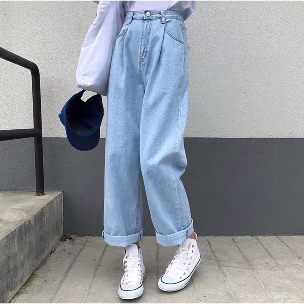 Quần Jeans Cạp Cao Ống Rộng Xanh Nhạt Nữ