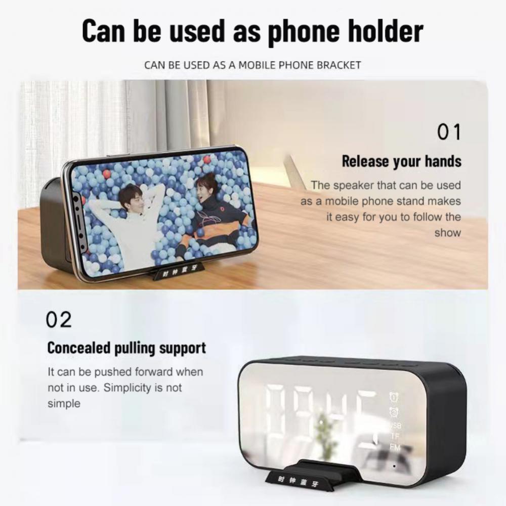 Loa BT không dây S7 Loa siêu trầm di động Đầu phát âm thanh nổi Đồng hồ báo thức kỹ thuật số thông minh có đèn LED Thiết kế gương Loa bao quanh 2023 Màu sắc: Đen