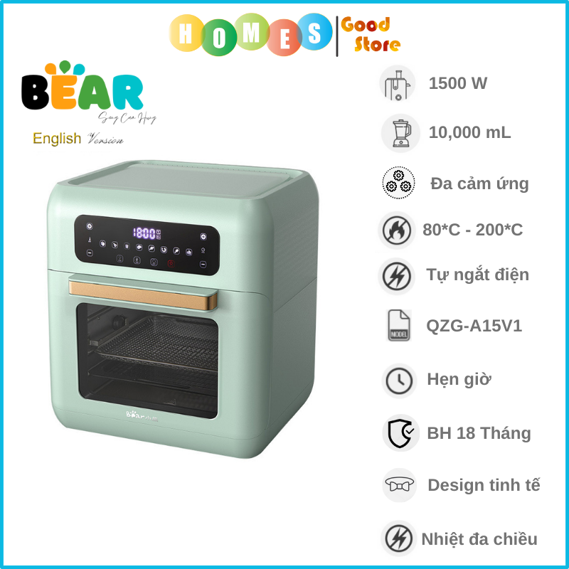 Nồi Chiên Không Dầu BEAR QZG-A15V1 Cách Nhiệt, Giảm Độ Ồn, 8 Chương Trình Chiên Tự Động, Dung Tích 10 Lít Công Suất 1500 W - Hàng Chính Hãng