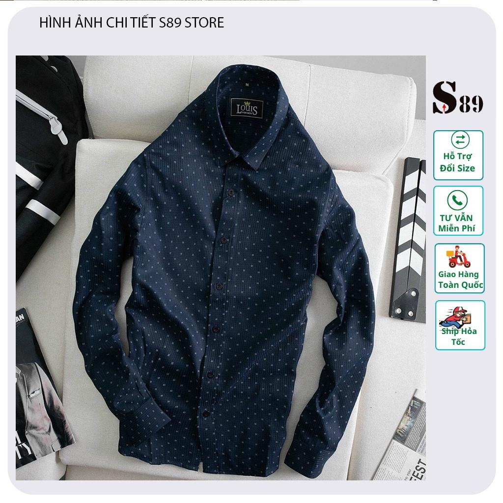 Áo sơ mi nam dài tay cổ cứng họa tiết chấm bi form dáng slim fit vải cotton dày dặn