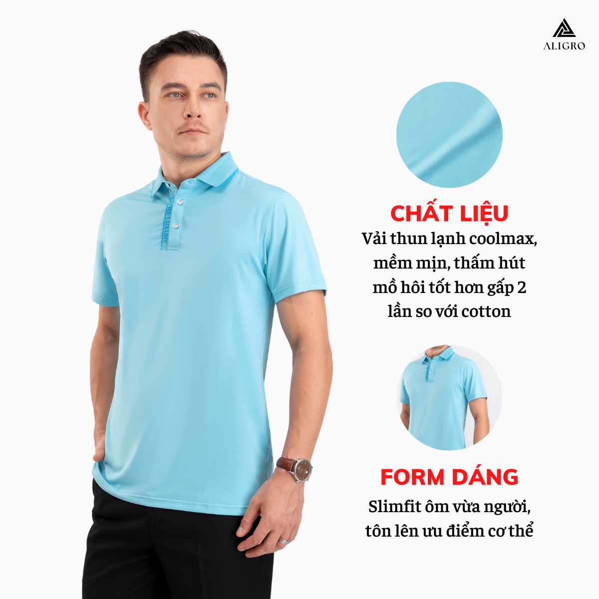 Áo polo golf nam ngắn tay ALIGRO chất vải coolmax màu xanh biển năng động ALGPLO105