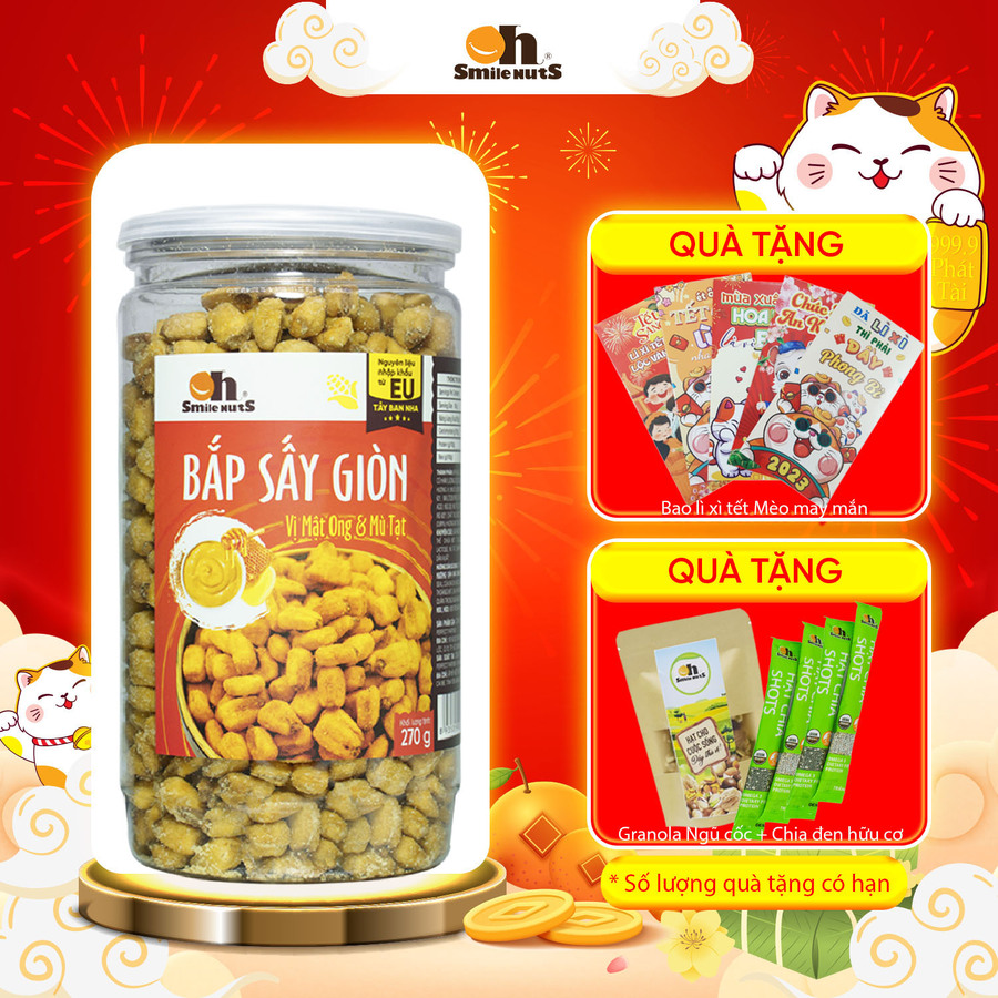 Bắp Sấy Giòn Smilenuts vị Mật Ong &amp; Bù Tạt hộp 270g _ Nhập khẩu từ Tây Ban Nha _ Bắp sấy giòn rụm, thơm ngon, tẩm vị vừa ăn _ phù hợp ăn vặt, snack bắp rang/sấy hảo hạng