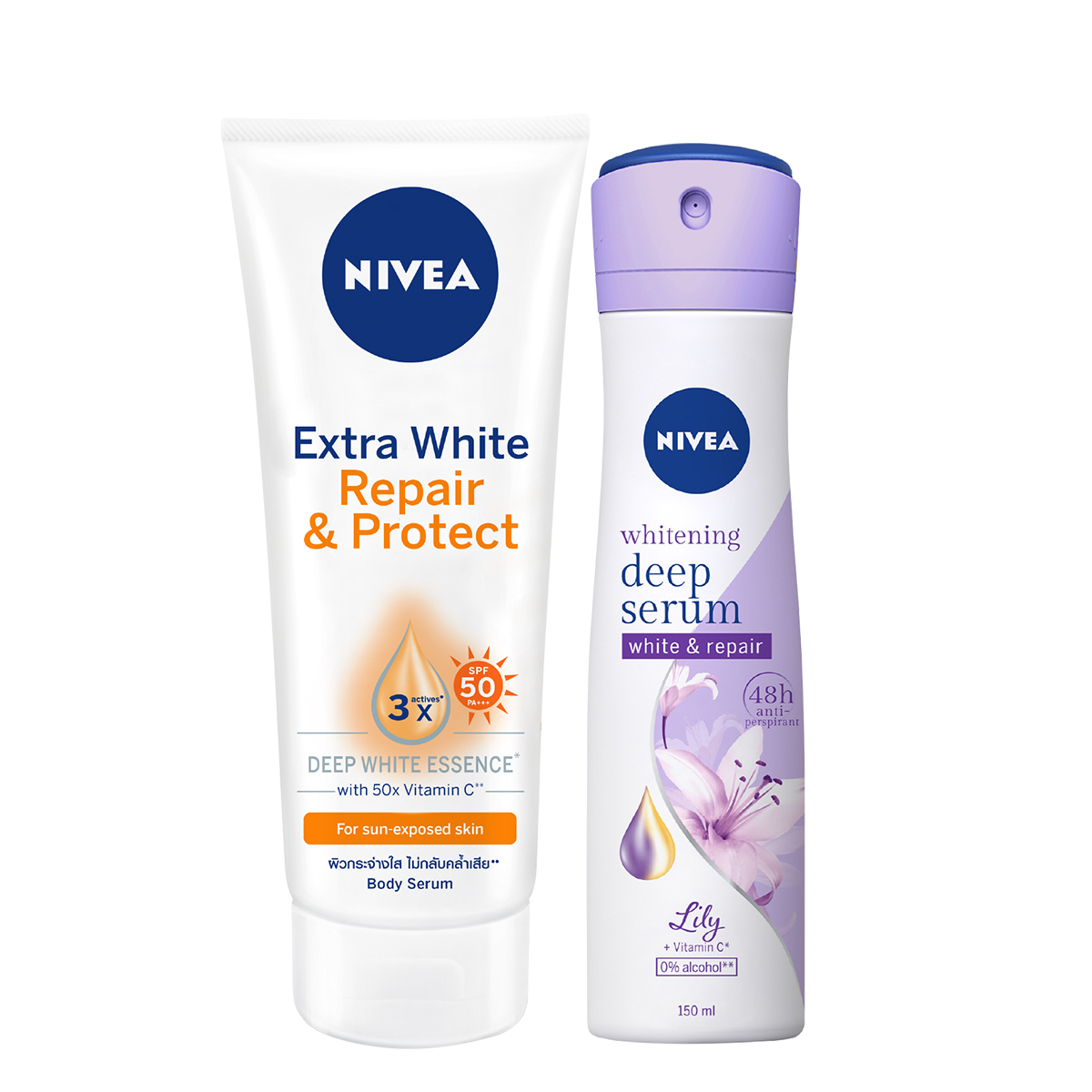 Bộ đôi Tinh Chất Dưỡng Thể Dưỡng Trắng NIVEA Ban Ngày Giúp Phục Hồi &amp; Chống Nắng SPF50 (180ml) - 88314 &amp; Xịt Ngăn Mùi Nivea Serum Trắng Mịn Hương Hoa Lily (150ml) 85304