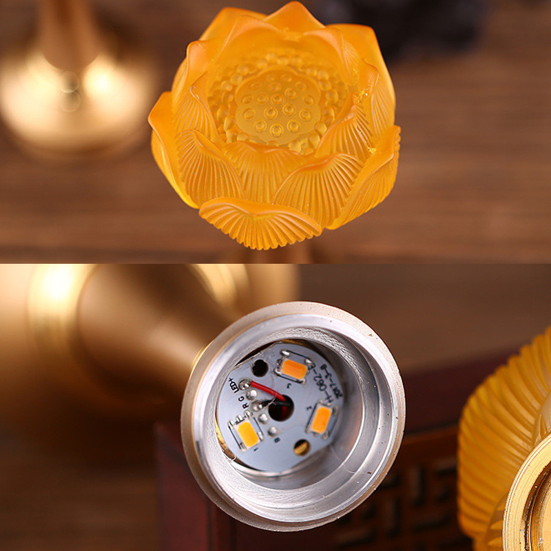 Đôi đèn thờ lưu ly, đen ban thờ liên hoa LED thân hợp kim cao cấp - Phật Bà Quan Âm