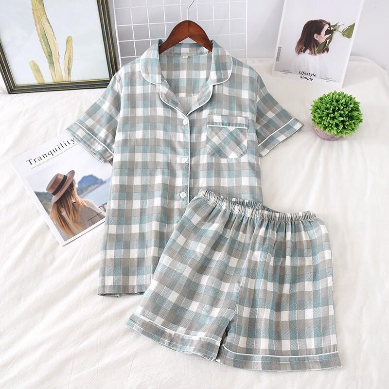 Bộ pyjama nữ mặc nhà, mặc ngủ dáng ngắn chất vải xô mềm mát họa tiết kẻ caro