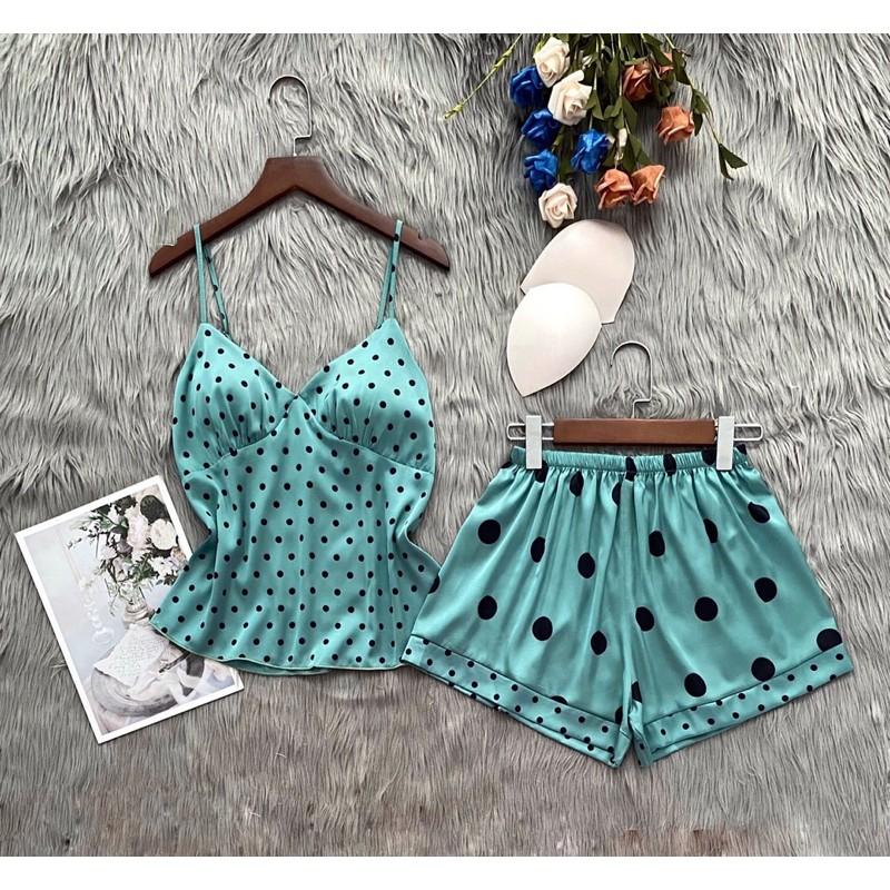 Đồ ngủ lụa latin 2 dây chấm bi freesize 40-57kg có kèm mút ngực