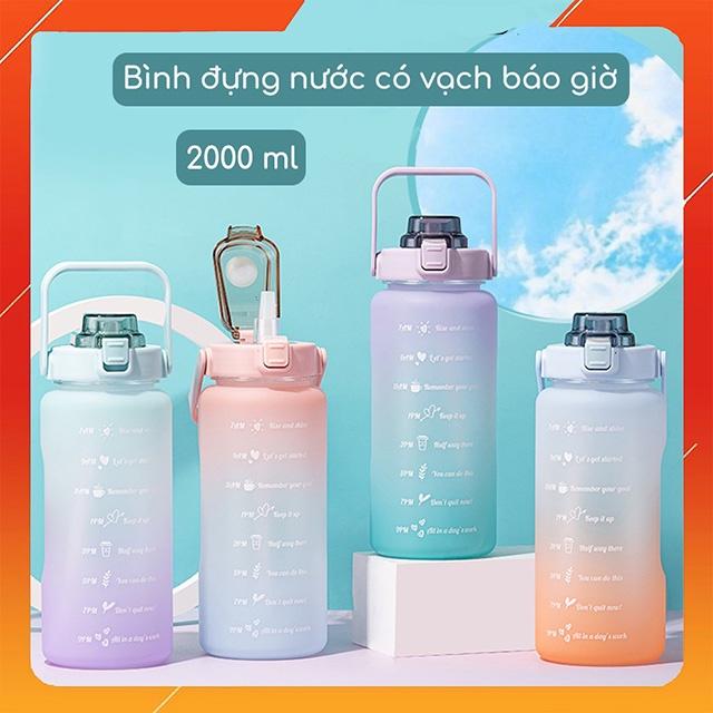 Bình Nước 2 Lít Dành Cho Người Lười Uống Nước Có Ống Hút, Vạch Chia Nhắc Giờ