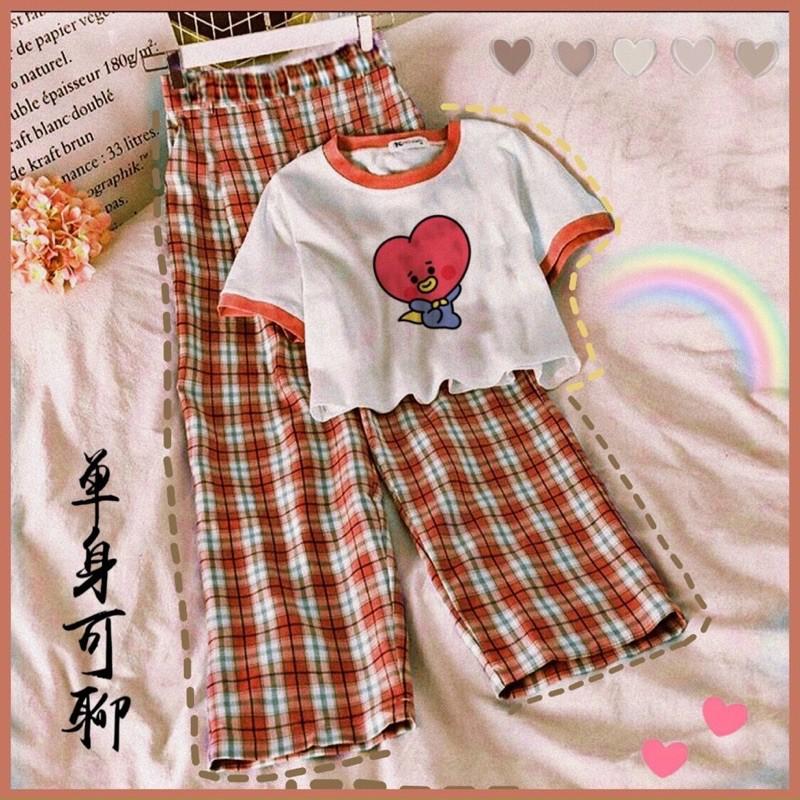 Set áo croptop cuốn biên kèm quần sọc caro chất áo cotton kèm quần kate-N
