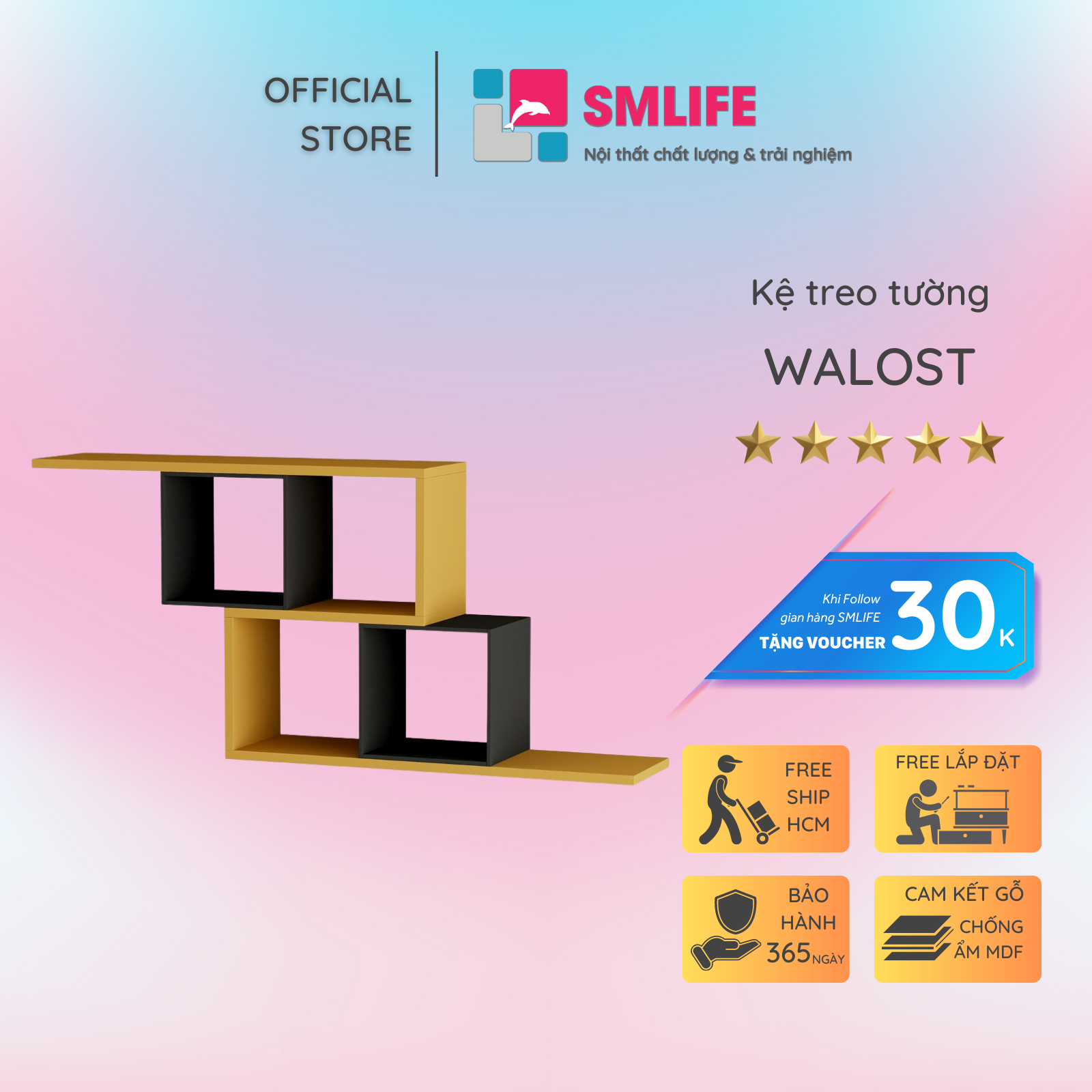 Kệ gỗ treo tường trang trí hiện đại SMLIFE Walost  | Gỗ MDF dày 17mm chống ẩm | D120xR20xC60cm