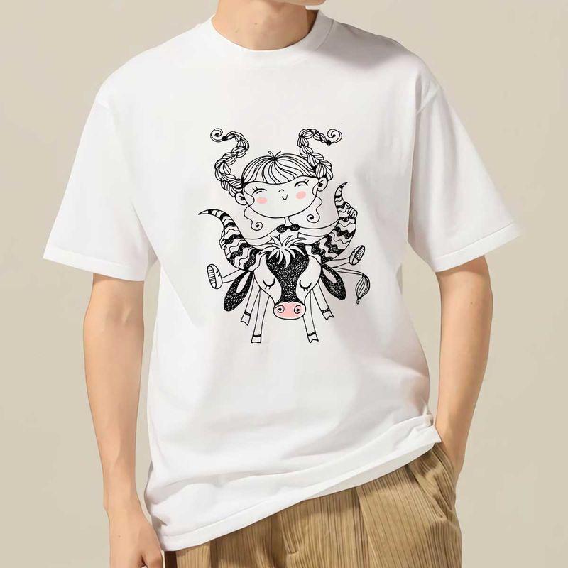 Áo thun cotton unisex họa tiết cô gái cưỡi trâu ngộ nghĩnh size XS-3XL
