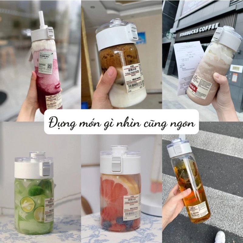 Bình Nước M UJI 350ml 550ml 800 ml Trong Suốt Sang Trọng Nắp Bật, Có Dây Xách Tiện Lợi Đi Học Đi Làm