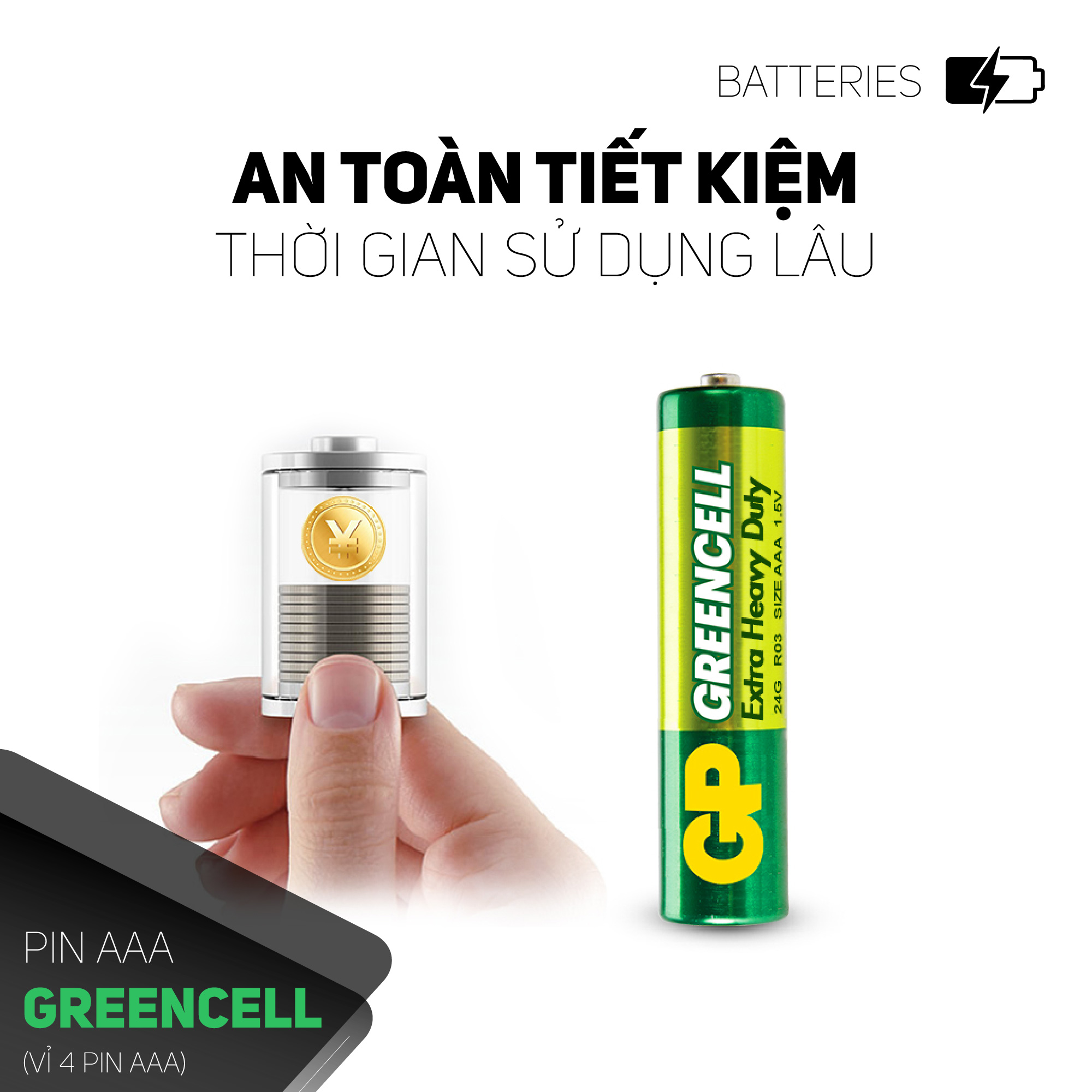 Pin đũa GP Greencell AAA 1.5V (2 viên),Pin AAA GP,Pin chuột máy tính,Pin điều khiển quạt,Pin điều khiển tivi,Pin sử dụng cho các thiết bị nhỏ,Pin đồng hồ treo tường,Pin đồ chơi điện tử trẻ em