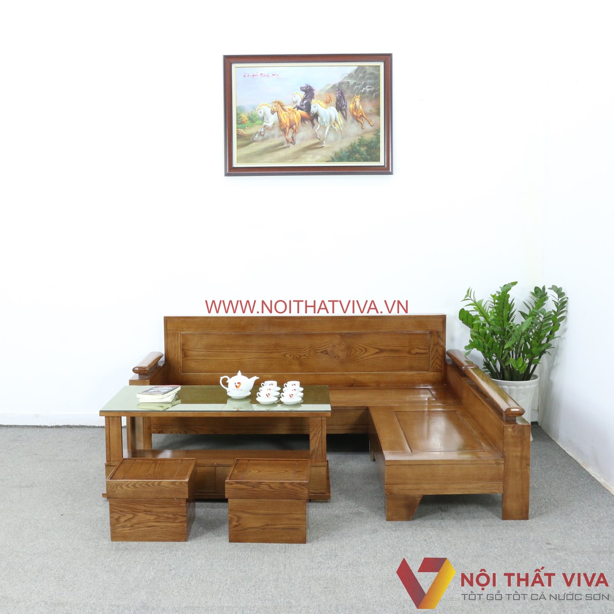 Bộ Sofa Gỗ Sồi Nga Góc L Màu Óc Chó Hiện Đại Đẹp Giá Rẻ