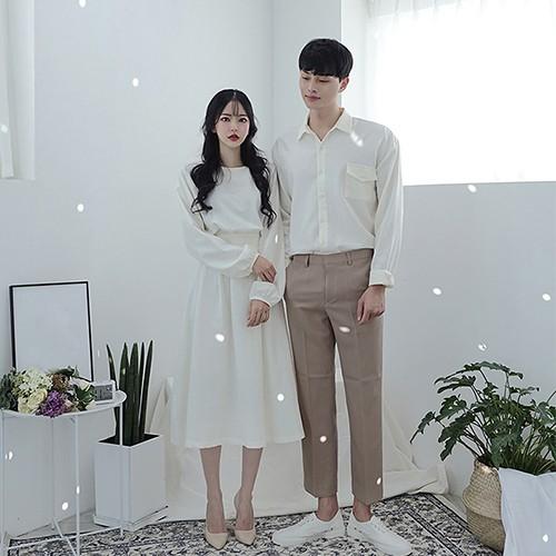 ÁO ĐÔI FREESHIP Set váy sơ mi đôi màu trắng và vàng Hàn Quốc Couple AV89