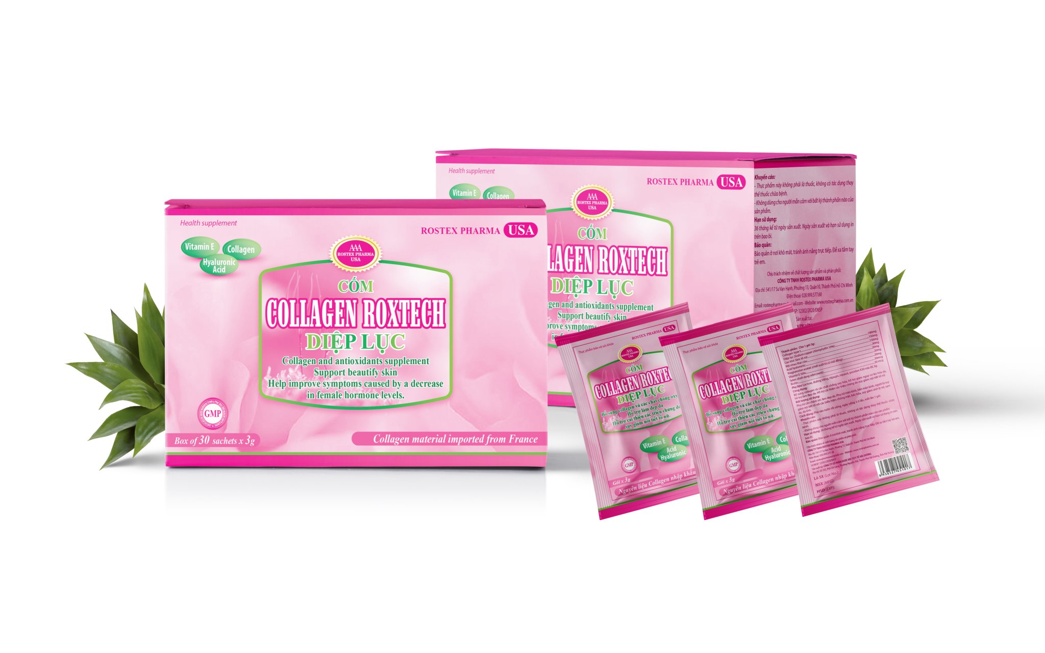 Combo 2 Hộp Cốm Collagen Roxtech Diệp Lục giúp đẹp da - tăng nội tiết tố nữ - Hộp 30 gói