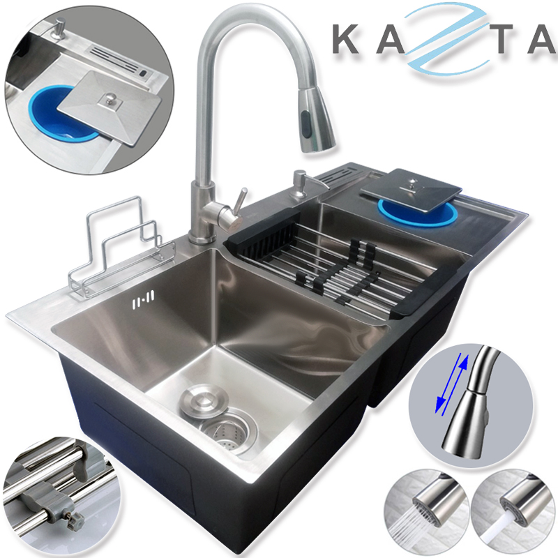 Combo Chậu Rửa Chén Bát KAZTA KZ-CB10048R Inox Vòi Dây Rút Tiện Lợi Gồm: Chậu Rửa Chén, Vòi Rửa Chén Dây Rút Nóng Lạnh Và Nhiều Phụ Kiện Kèm Theo