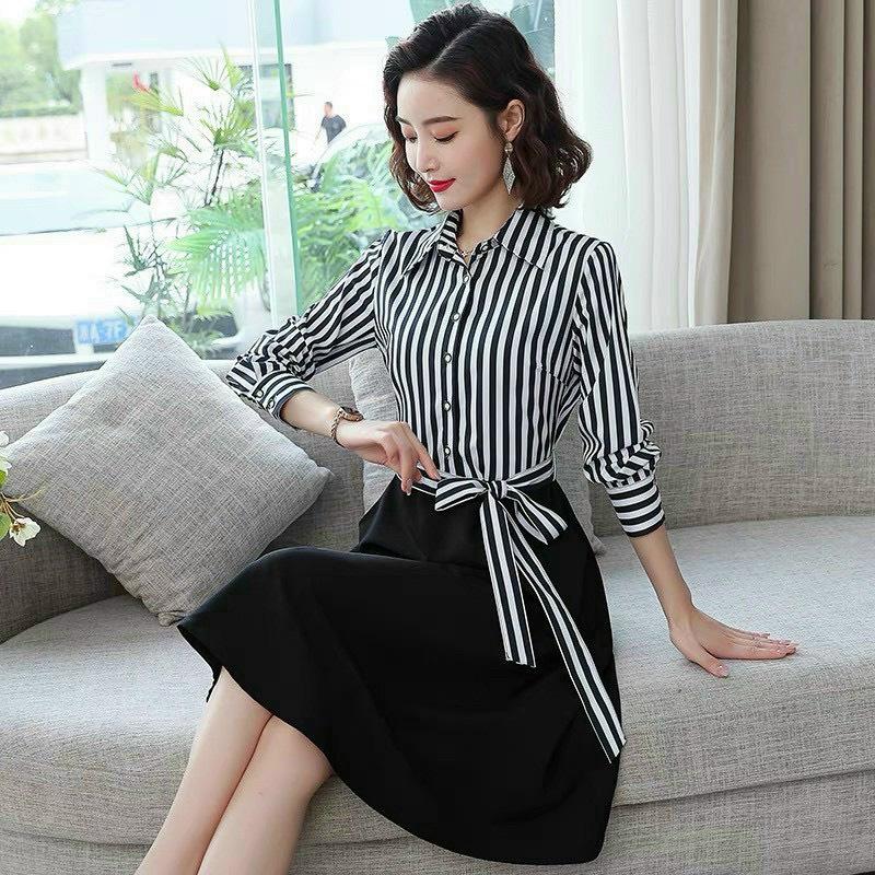 Đầm xoè kẻ sọc công sở sang chảnh siêu đẹp thời trang siêu hot cho các chị em