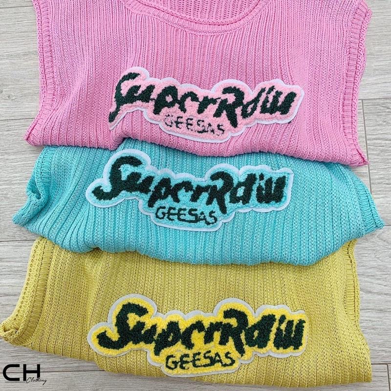 Áo len nữ Montoghi dệt kim Quảng Châu MÙA HÈ dáng croptop thêu chữ nổi xinh xắn