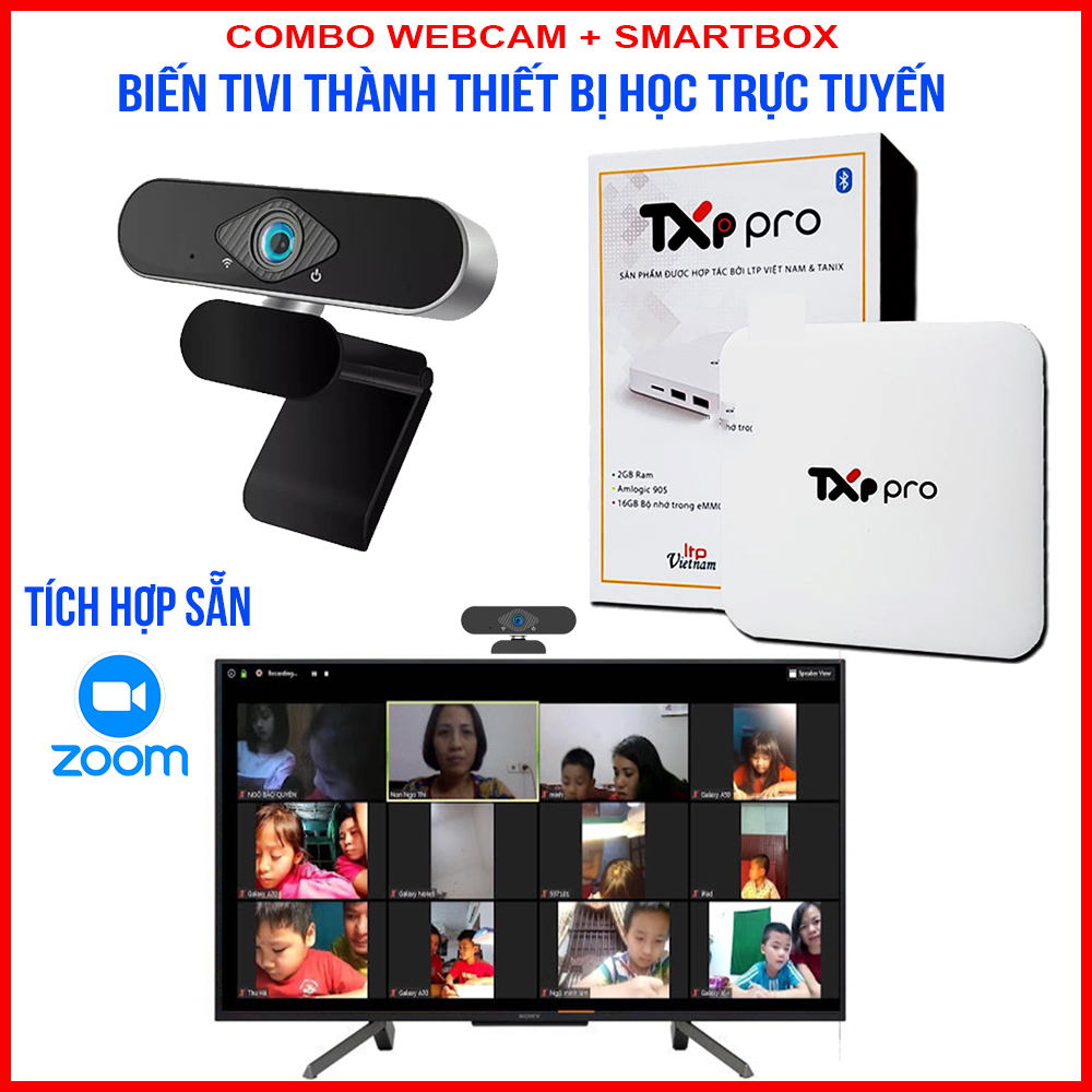 Combo thiết bị học trực tuyến trên tivi bao gồm webcam siêu nét kèm micro và smartbox ram 2G siêu khỏe - Cài đặt sẵn Zoom - Tương thích với mọi loại tivi - Hàng chính hãng