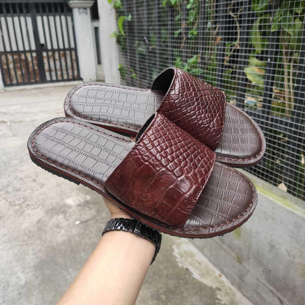 Dép ngang da bụng cá sấu đế da!