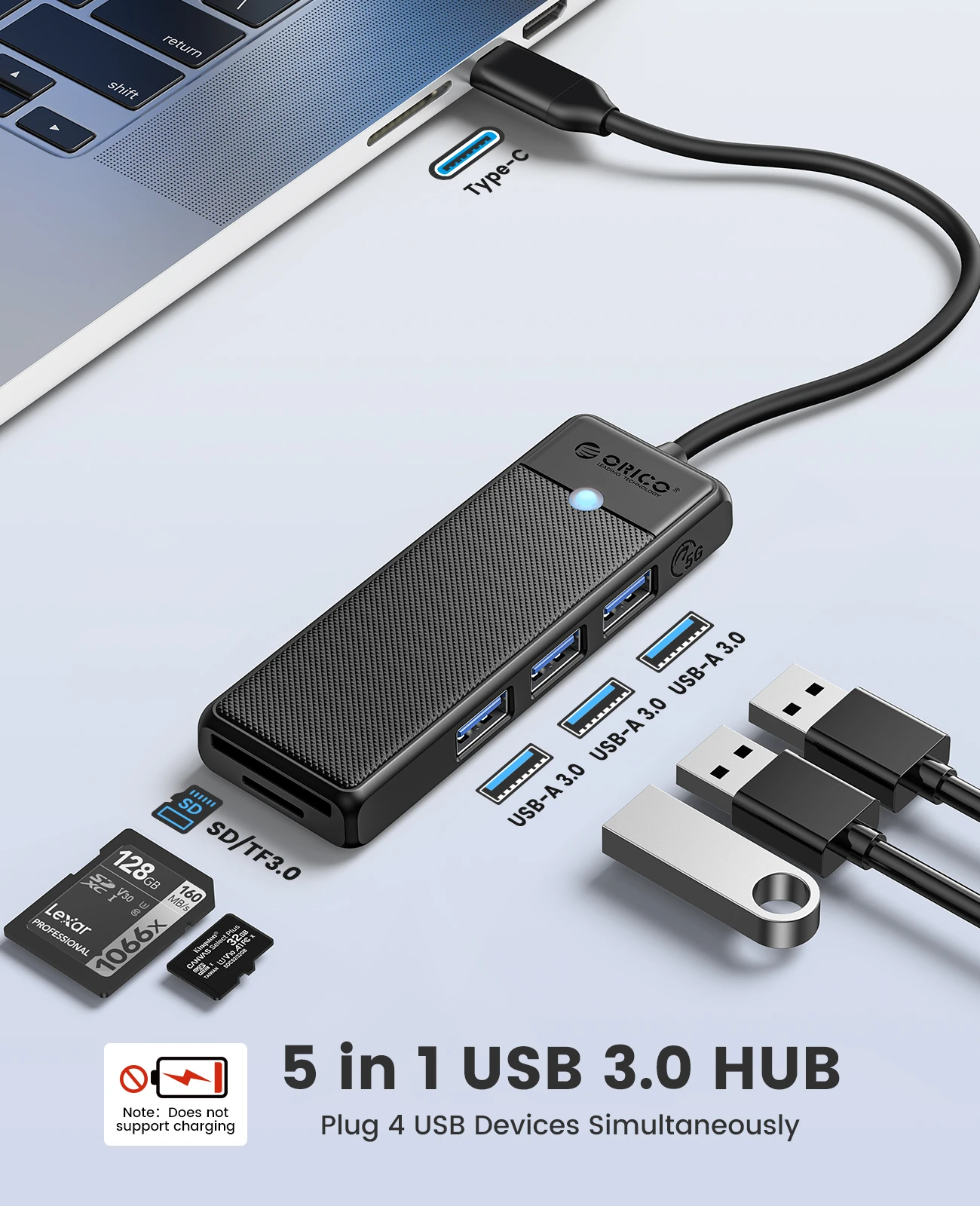 Bộ Chuyển Đổi HUB TypeC 1 USB ra 4 cổng USB 3.0 5Gps/ TF/SD 3.0*1 5Gbps PAPW3AT-C3-015 Orico - Hàng Chính Hãng