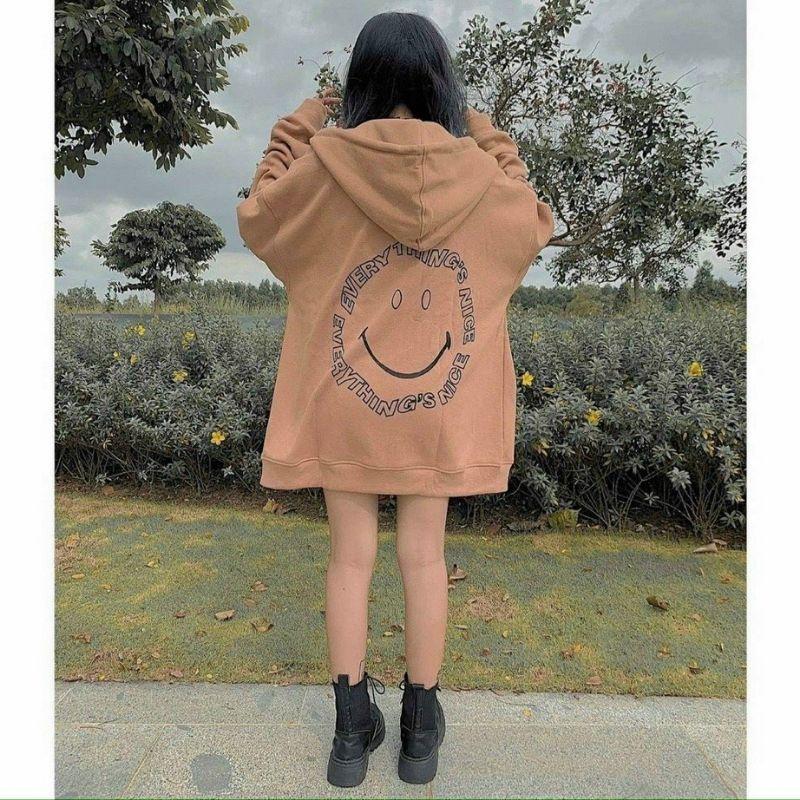 Áo hoodie mặt cười full zip unisex thời trang teen form rộng, mẫu áo khoác nỉ có mũ 2 lớp mới nhất hot trend