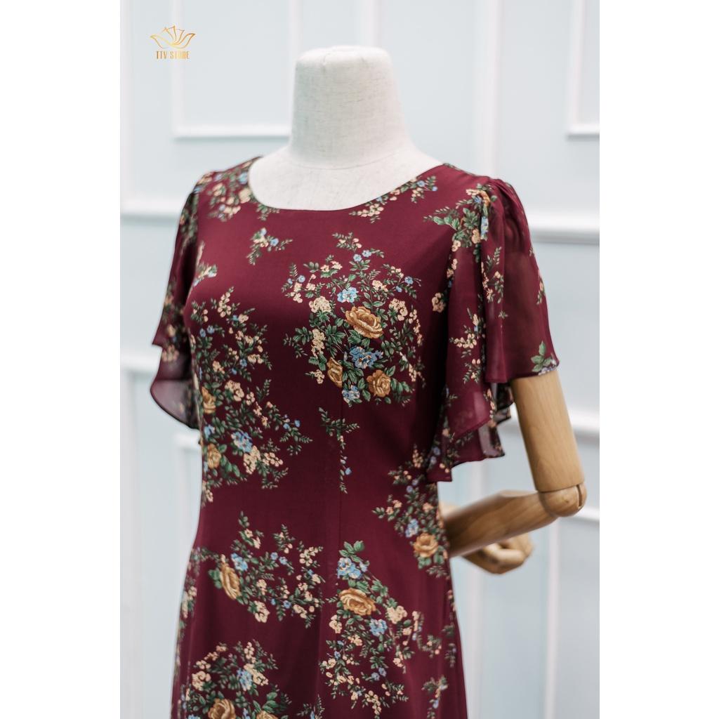 Đầm suông Đỏ hoa Cổ tròn tay cánh tiên TTV1053