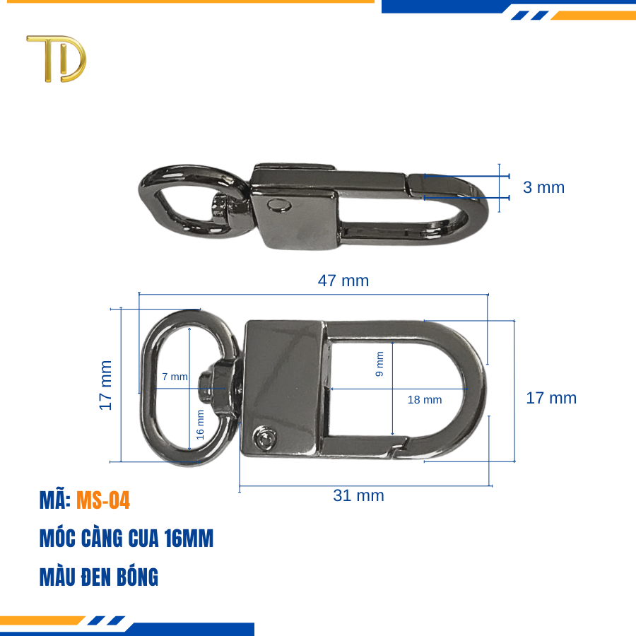 Móc càng cua túi xách,móc khóa càng cua túi xách,móc chó túi xách 16mm Mạ điện bền 5-8 năm