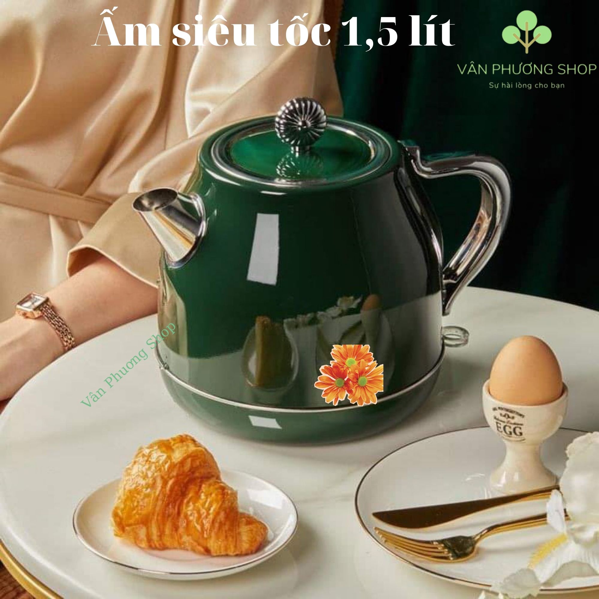 Ấm Đun Nước Siêu Tốc 1,5 lít, nước sôi cực nhanh, màu xanh sang trọng