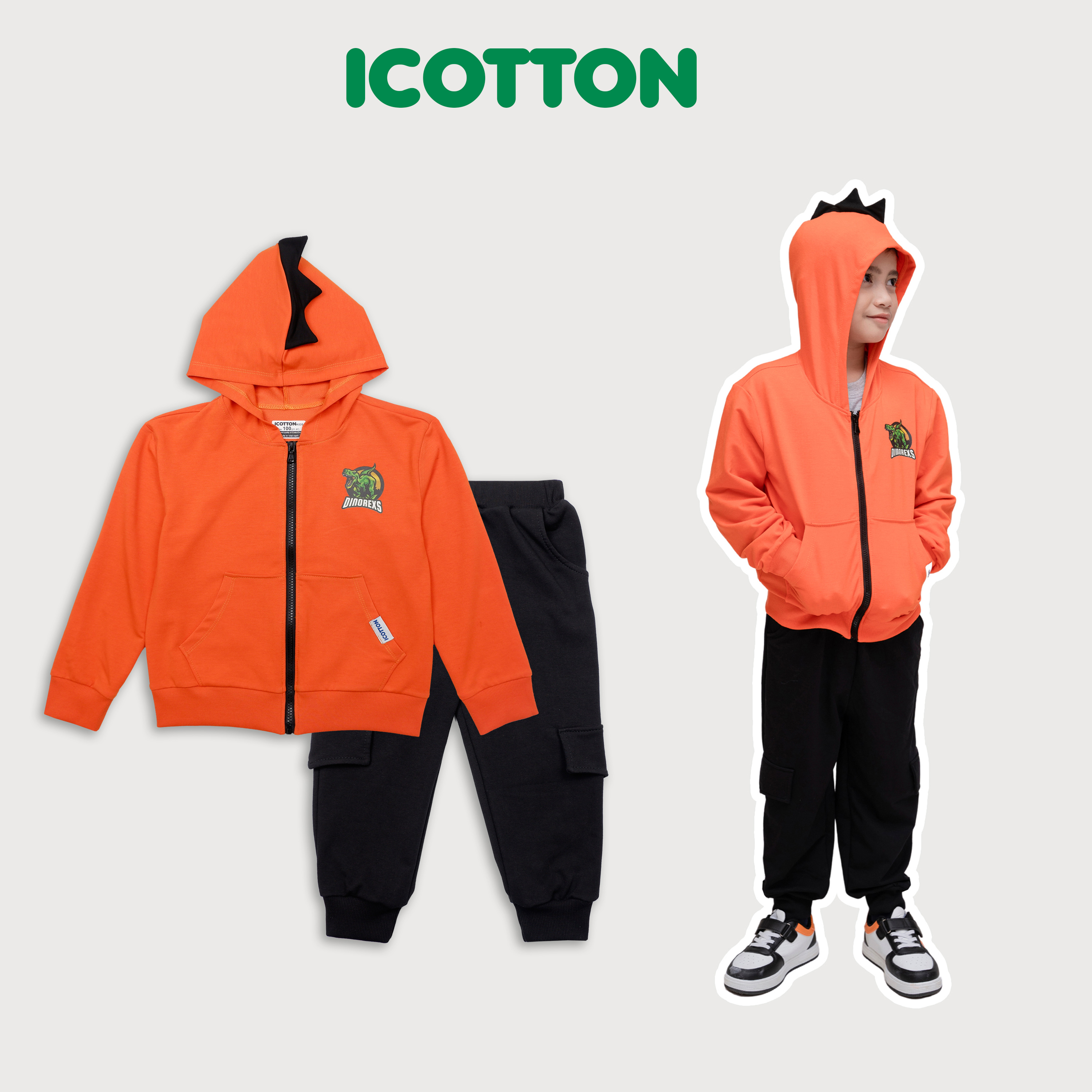 Áo hoodie kéo khoá Icotton hình Khủng long màu Cam BT129